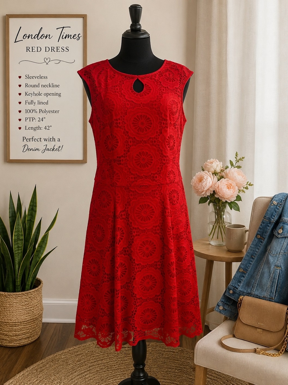 London Times Red Lace Keyhole Midi Dress Like New